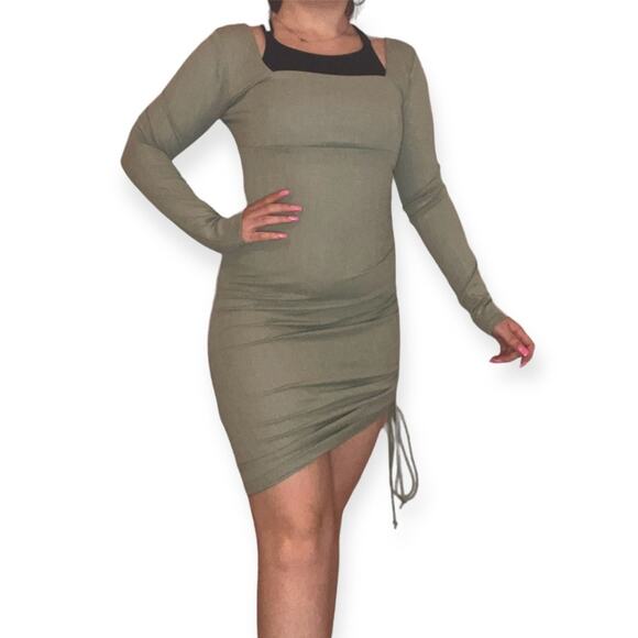 Forever 21 Sage Green Ruching Side Tie Long Sleeve Mini Dress Casual Size Small - Picture 1 of 13